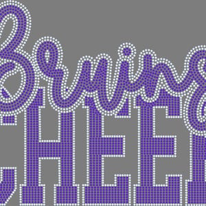 May include: A gray graphic with the word "Braves" in a cursive font above the word "CHEER" in a block font. Both words are in purple and outlined with white dots.