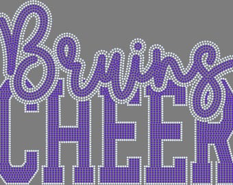May include: A gray graphic with the word "Braves" in a cursive font above the word "CHEER" in a block font. Both words are in purple and outlined with white dots.