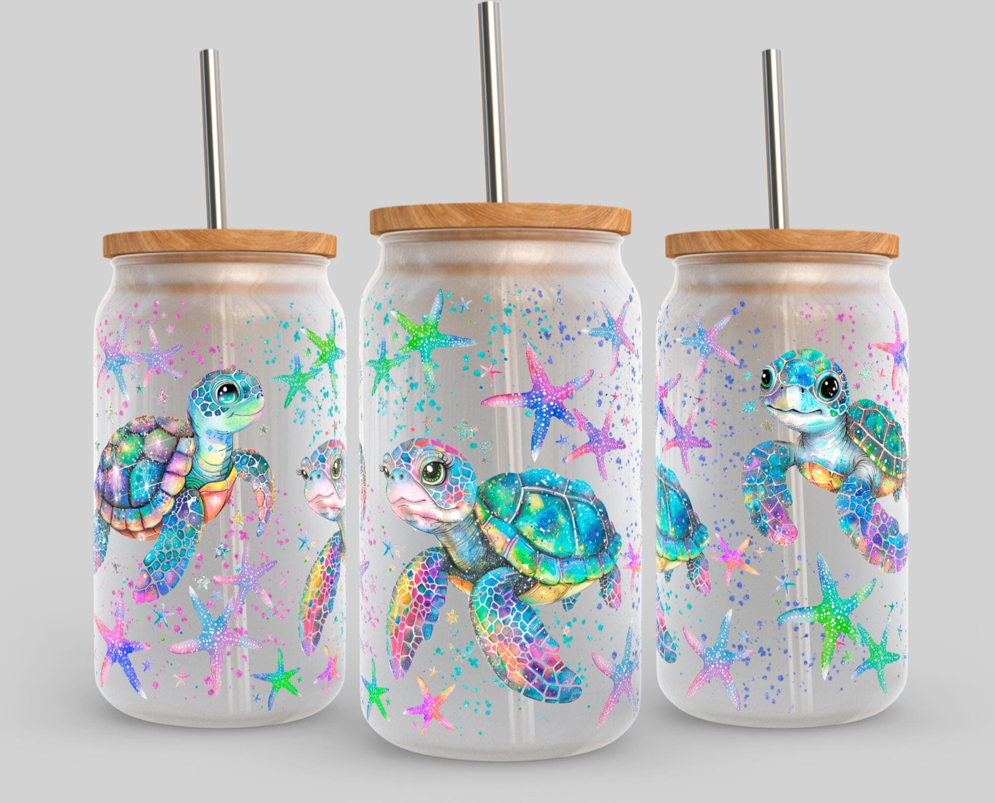 Colorful Turtles UV DTF Transfer 16oz Libby Glass Can Wrap Ready to Apply