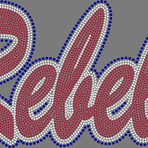 May include: The word "Rebels" in a script font, rendered in a mosaic style. The letters are filled with small red dots, outlined with white and blue dots, set against a gray background.