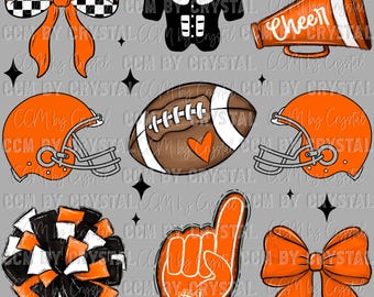 May include: A digital illustration set featuring orange and black sports-themed icons including a checkered bow, a football jersey, a megaphone with the word Cheer, two football helmets, a football with a heart, a pom-pom, and a foam finger.