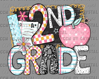 May include: A graphic design featuring the text 2nd GRADE in large, stylized letters with checkered, lined, and speckled patterns. The image includes a light blue ruler, a white paper with an A+ grade, a pink apple, and two flowers.