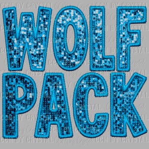 May include: Blue and white sequined letters spelling out "WOLF PACK".