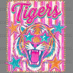 May include: A vibrant graphic featuring a roaring tiger wearing star-shaped sunglasses. The word "Tigers" is displayed in large, pink, bubble letters. The design incorporates a striped background and star accents in shades of orange, teal, and pink.