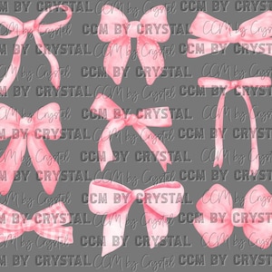 May include: A collection of nine distinct pink bows arranged in a grid, featuring various shapes and styles including solid colors and a checkered pattern, all overlaid with the repeating watermark text CCM BY CRYSTAL.