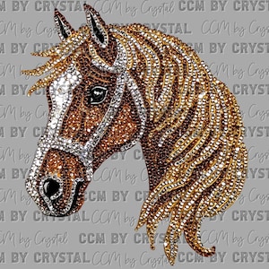 May include: A horse head design created with brown and clear rhinestones, featuring a white blaze on the face and a flowing mane. The text CCM BY CRYSTAL is repeated in the background. The horse is adorned with a clear rhinestone bridle.