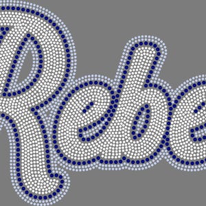 May include: The word "Rebels" in a script font, rendered in white, is outlined with a dark blue border and filled with small white dots. The background is a solid gray color.