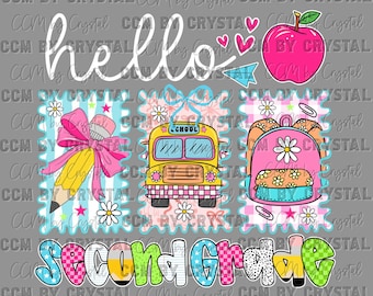 May include: A digital graphic design featuring the text hello and Second Grade. The image includes a pink apple, a yellow pencil with a large pink bow, a yellow school bus, and a pink backpack, all decorated with daisies and stars.