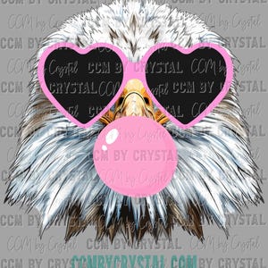 May include: A bald eagle wearing pink heart-shaped sunglasses and blowing a pink bubble. The eagle's beak is yellow and its eyes are black. The background is gray.