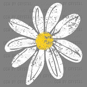 May include: A distressed white daisy flower graphic with a yellow center, set against a gray background. The design has a textured, vintage look. The text "CCM BY CRYSTAL" is repeated around the image.