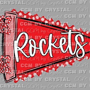 May include: A red triangular pennant with a white polka dot border and two red and white striped bows on the left side. The word Rockets is written in large white script across the center of the pennant. The design features black outlines.