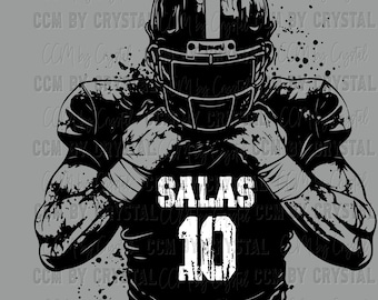 May include: Black and white graphic of a football player in a helmet and pads. The player's jersey displays the name "SALAS" and the number "10" in white. The image has a distressed, grunge style with ink splatter effects.