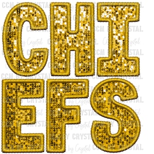 Chiefs Mascot gold Faux Sequins Faux Embroidery Winter Ready to Press Transfer DTF Transfers Sublimation Transfer