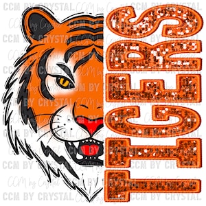 Tigers Mascot Faux Embroidery Faux Sequins Ready to Press Transfer Direct to Film DTF Transfers Sublimation Transfer