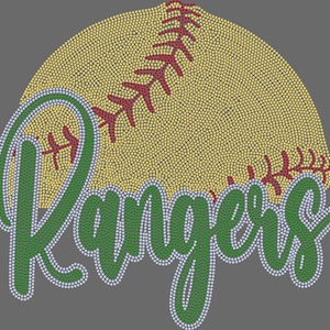 May include: A green and white rhinestone design of the word "Rangers" with a yellow softball with red stitching in the background.
