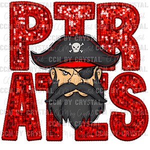 May include: A graphic design featuring the word "PIRATES" in large, red, sequined letters. A cartoon pirate with a black hat, eye patch, and beard is centered within the word. The design is on a white background.