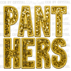 May include: Gold glitter letters spelling out "PANTHERS" with a yellow outline. The letters are on a white background.