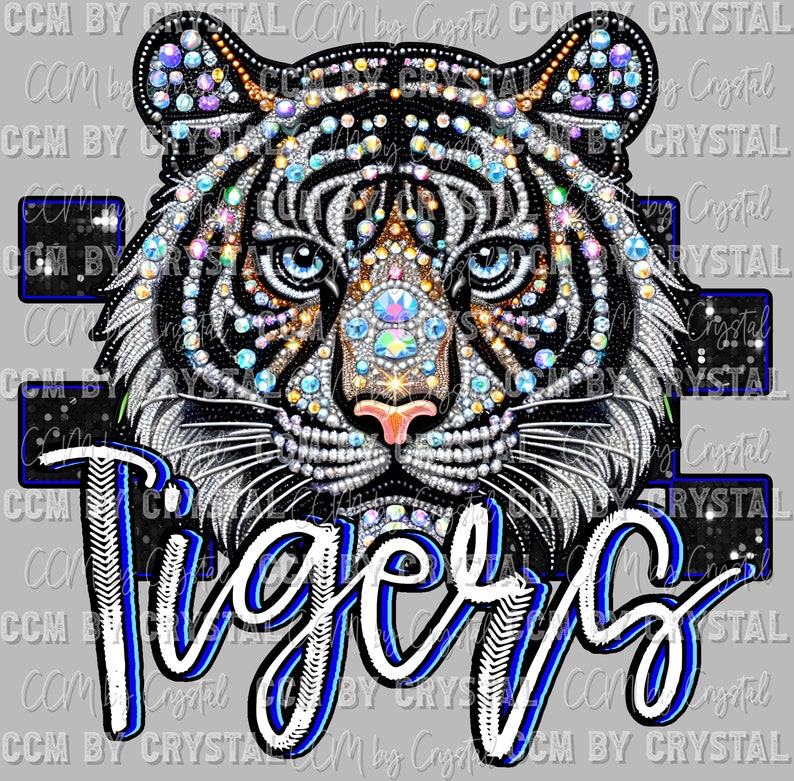 Tiger Rhinestone Tigers Mascot Faux Rhinestone Effect Ready to Press Transfer Direct to ...