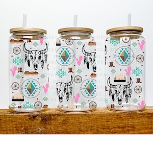 Aztec Bull Skull UV DTF Transfer 16oz Libby Glass Can Wrap Ready to Apply