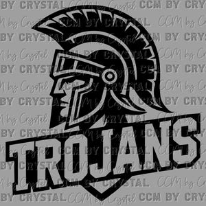 May include: Black and white graphic of a Trojan helmet and the word "TROJANS" in a bold, blocky font. The helmet features a detailed design, and the text is set on a rectangular banner.