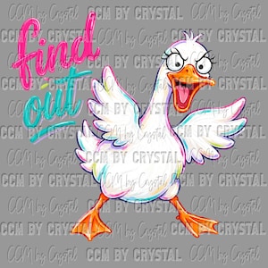May include: A white goose illustration with an orange beak and feet, wide eyes, and open wings. The text 'find out' is written in pink and teal script to the left of the goose. The background is gray with a repeating watermark pattern.