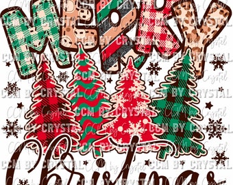 Könnte beinhalten: Ein Grafikdesign mit dem Wort MERRY in großen, gemusterten Blockbuchstaben über vier stilisierten Weihnachtsbäumen in rot-grünen Karomustern und Wellenlinien, ergänzt durch das Wort Christmas in brauner Schreibschrift und Schneeflocken.