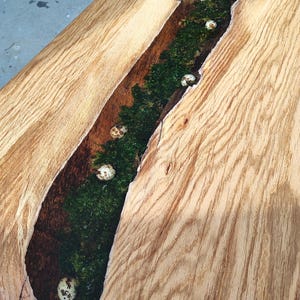 Pode incluir: Uma mesa de madeira com acabamento de gr&atilde;o de madeira natural. Uma rachadura na madeira &eacute; preenchida com resina transparente e musgo. Ovos brancos salpicados est&atilde;o embutidos na resina.