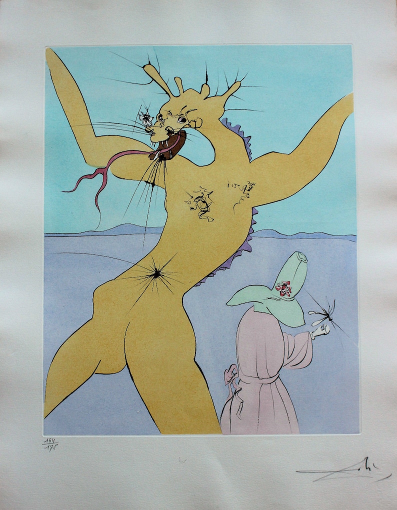 K&ouml;nnte beinhalten: Ein surrealistischer Druck mit einer gelben, menschen&auml;hnlichen Figur mit einer langen, rosa Zunge und einer Figur mit gr&uuml;nem Hut und rosa Kleid. Der Druck ist auf einem hellblauen Hintergrund mit einer lila und wei&szlig;en Landschaft im Hintergrund. Der Druck ist vom K&uuml;nstler signiert.