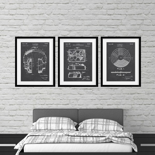 Hi Fi Stereo Patent Poster Set of 3 Prints, Headphones Patent Print, Vinyl Record Poster, Record Player Patent, Music Studio Decor, Set of 3