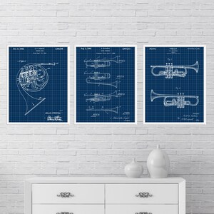 Music Patent Art Print Set: French Horn & Trumpet Blueprints