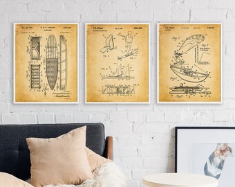 Set of 3 water sports patent posters, extreme sports patent prints set, bundle of 3 sea blueprints, man cave wall art, beach hut wall decor