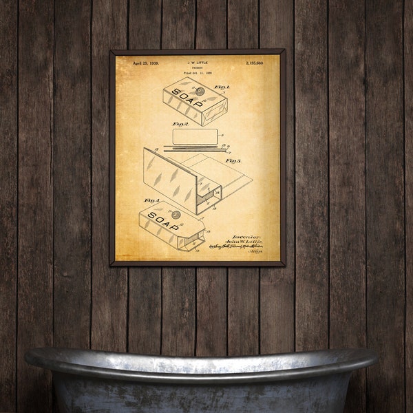 Soap patent print, Soap bar packaging blueprint poster, bathroom wall decor