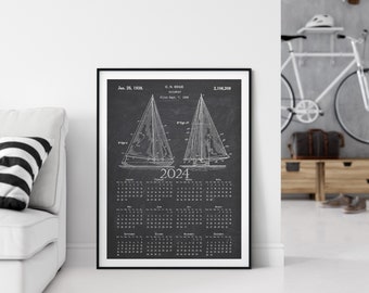 Calendrier de voile 2024, calendrier de brevet de bateau à voile, calendrier mural de plan de bateau à voile 2024, cadeau pour les amoureux de la voile, décor des cavernes de l'homme, marin