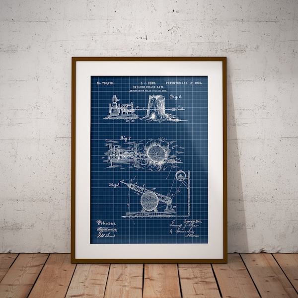 Chain Saw 1905 Patent Print, Logger Chainsaw Blueprint, Endless Chain Saw Patent Poster, Timberman Wall Decor, Gift for Lumberjack,Lumberman