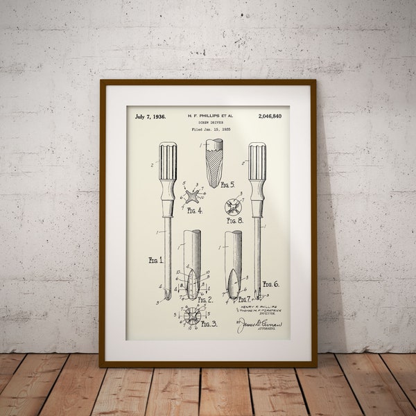 Screw Driver Patent Print, Screwdriver Patent Poster, Handyman Screwdriver Blueprint, Carpenter's Shop Decor, Gift for Woodworker, Phillips