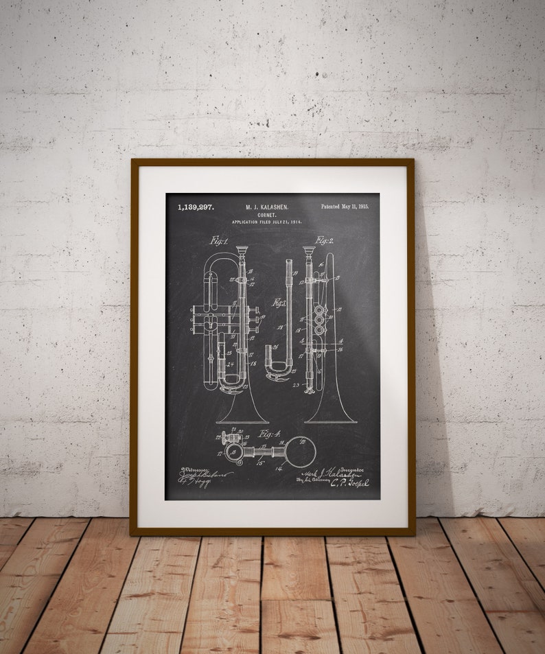 Cornet 1915 Patent Poster, Cornet Patent Print, Trumpet Blueprint, Gift for Jazz Musician, Music Studio Decor, Brass Wind Instruments Print image 1