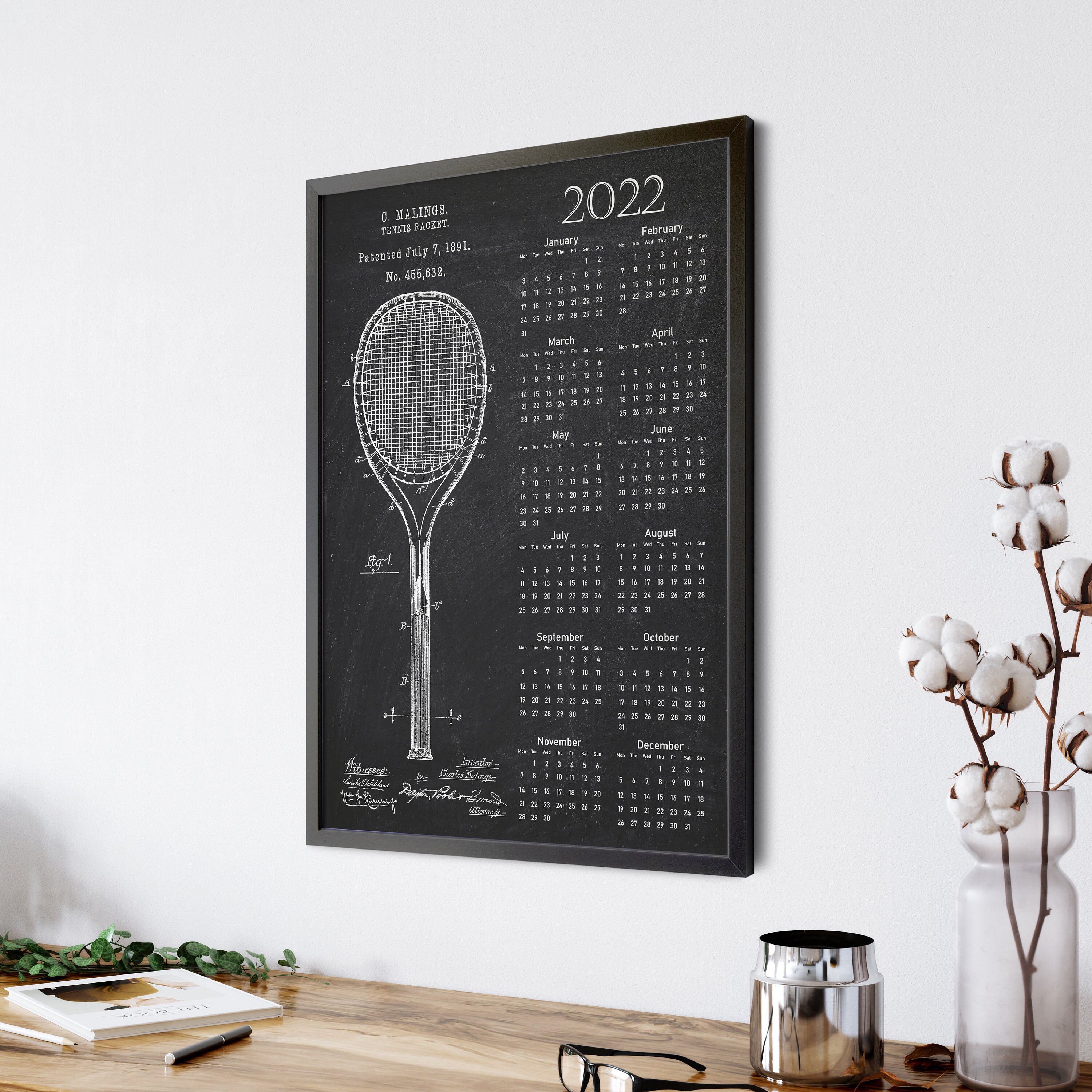 Tennis Racket Patent Calendar 2022 Racket Desk Calendar | Etsy