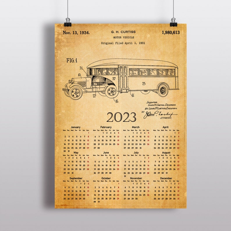 Vintage Bus Patent Calendar 2023 Motor Vehicle Drawing Desk Etsy UK