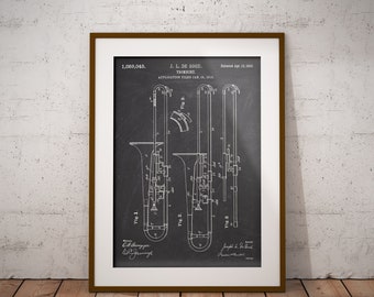 Trombone 1913 Affiche de brevet, Trombone Patent Print, Blueprint d’instrument en laiton, Cadeau pour Jazz Man, Décor de studio de musique, Instruments à vent en laiton