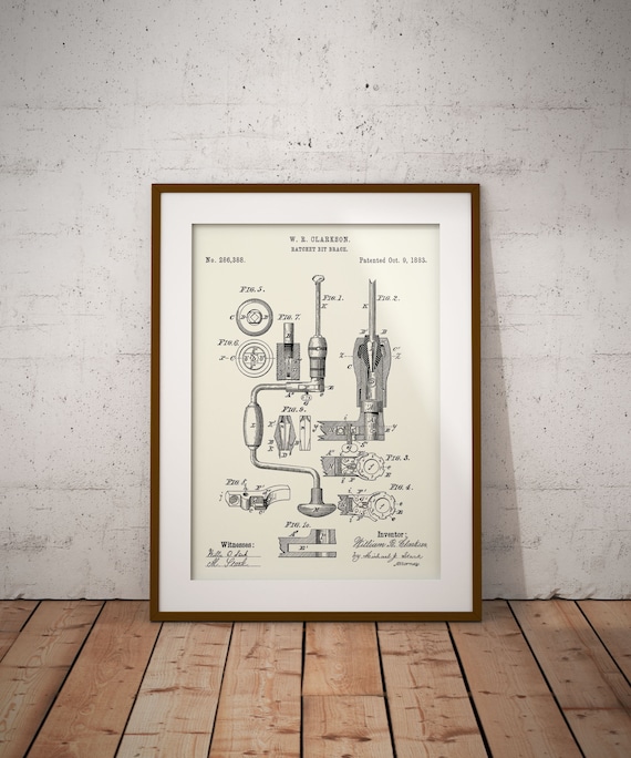 USA Patent Drawing RATCHET BIT BRACE Wood tool MOUNTED PRINT 1883 DIY Gift