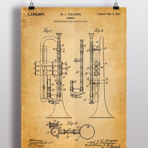 Cornet 1915 Patent Poster, Cornet Patent Print, Trumpet Blueprint, Gift for Jazz Musician, Music Studio Decor, Brass Wind Instruments Print image 3