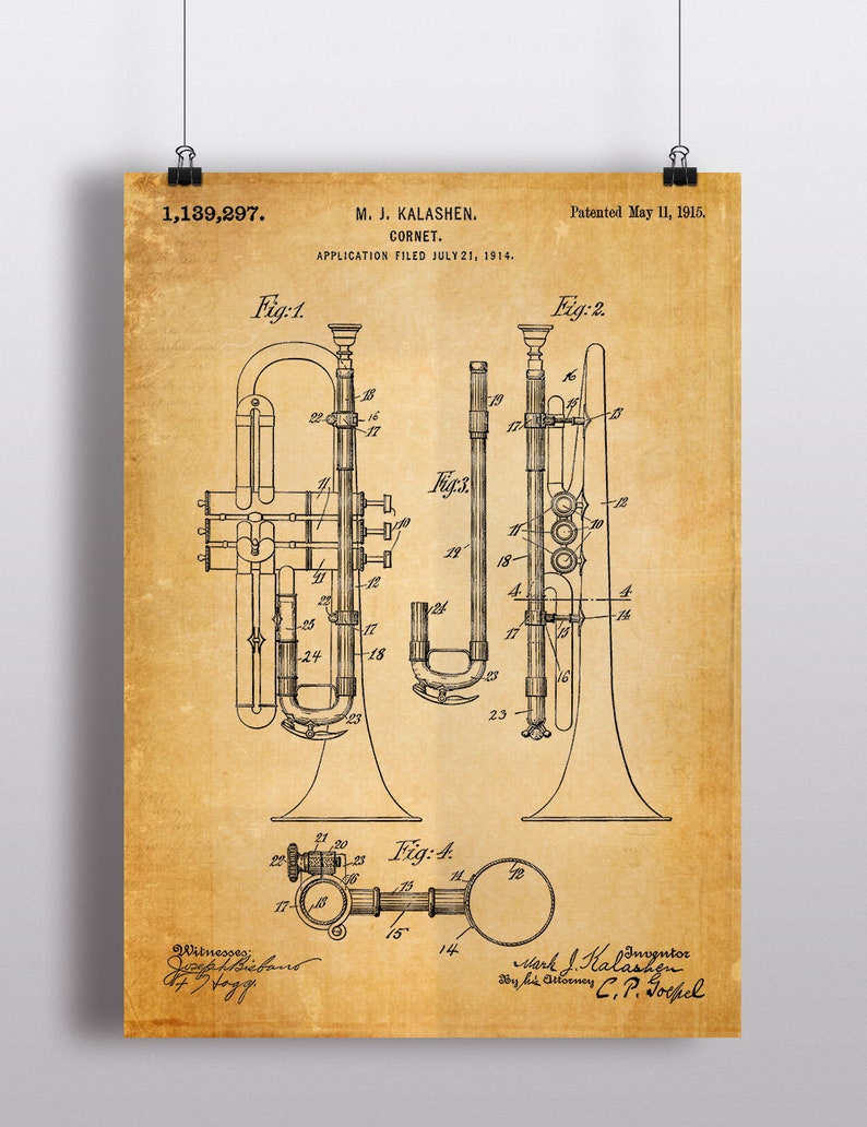 Cornet 1915 Patent Poster, Cornet Patent Print, Trumpet Blueprint, Gift for Jazz Musician, Music Studio Decor, Brass Wind Instruments Print image 3