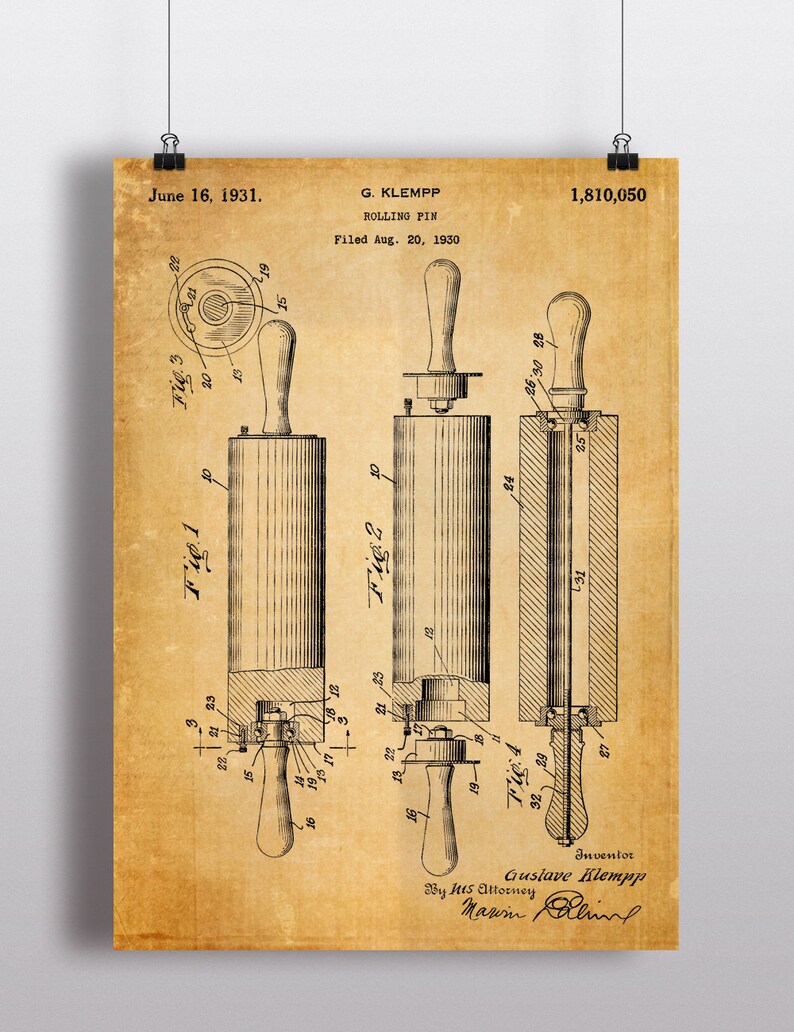 Rolling Pin Patent Print Dough Roller Patent Poster Vintage Etsy