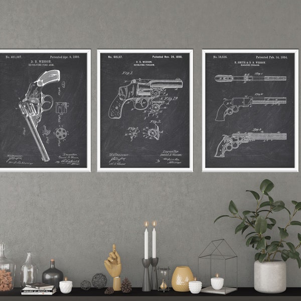 Guns Patent Set of 3 Posters, 3 Revolver Patent Prints, Bundle of 3 Firearm Blueprints, Pistol Patent Art Print, Gift for Gun Lover