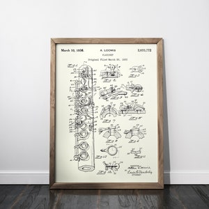 Clarinet 1936 Patent Poster, Clarinet Patent Print, Clarinet Blueprint, Gift for Jazz Musician, Music Studio Decor, Orchestral Instruments