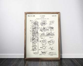 Clarinet 1936 Patent Poster, Clarinet Patent Print, Clarinet Blueprint, Gift for Jazz Musician, Music Studio Decor, Orchestral Instruments