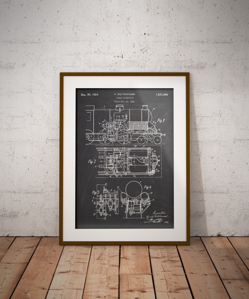 Steam Locomotive Patent Print, Locomotive 1924 Blueprint, Vintage Railway Poster, Train Enthusiast Wall Art, Man Cave Decor, Rail Transport image 1