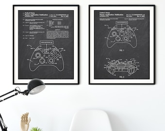 Video Game Controller Patent Print Set: Gamer Gift, Blueprint Art
