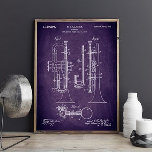 Cornet 1915 Patent Poster, Cornet Patent Print, Trumpet Blueprint, Gift for Jazz Musician, Music Studio Decor, Brass Wind Instruments Print image 2