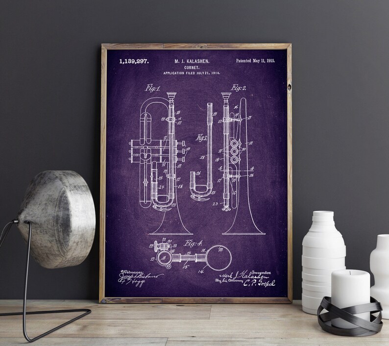 Cornet 1915 Patent Poster, Cornet Patent Print, Trumpet Blueprint, Gift for Jazz Musician, Music Studio Decor, Brass Wind Instruments Print image 2